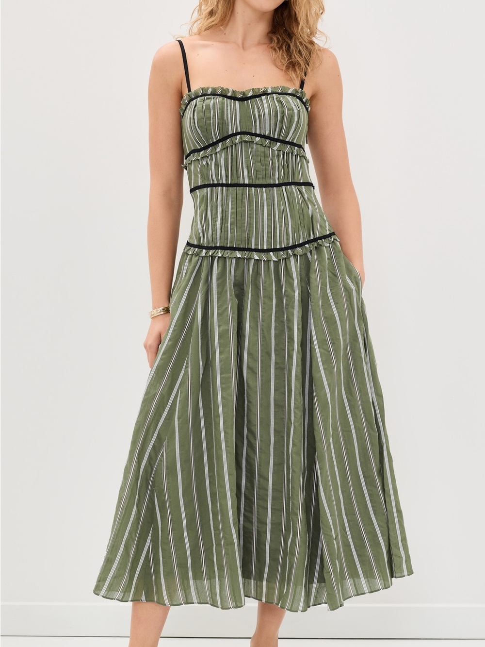 cinq a sept Olive Green Striped Midi Dress with Black Trim